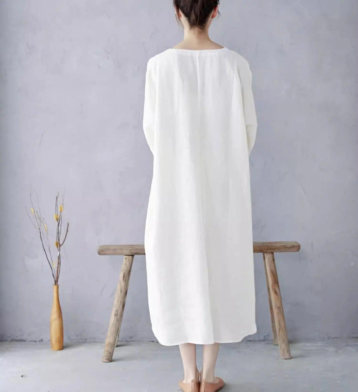 White Linen Pullover Dress with Long Sleeves Dress-Women's dress-Thebesttailor-Thebesttailor