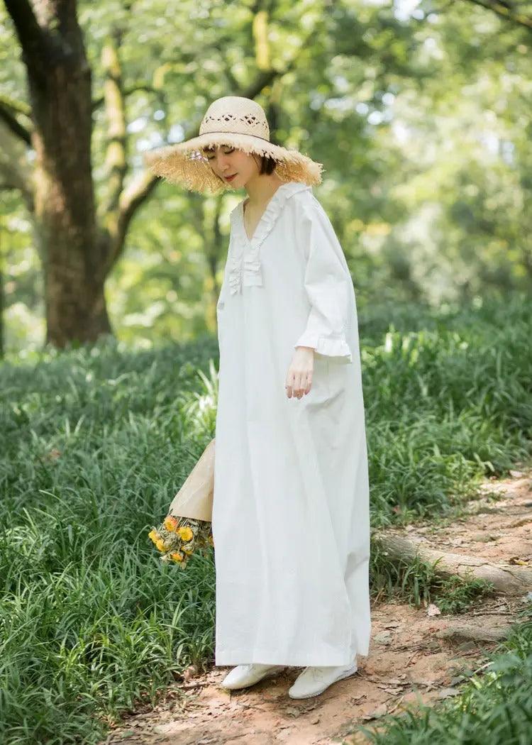 White Linen Dress V-neck Princess Dress by Thebesttailor