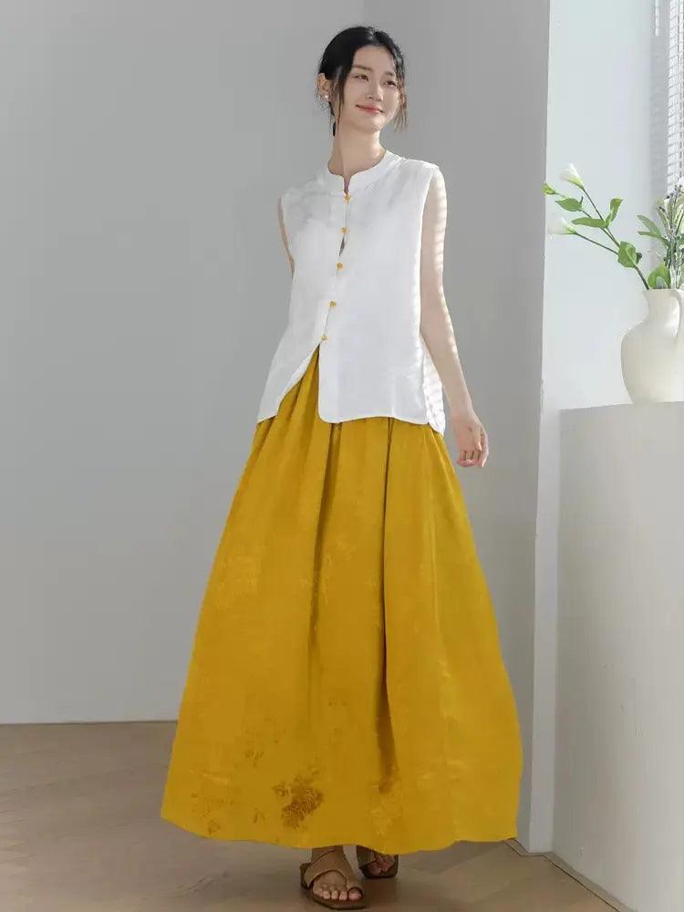Maxi Skirt for Women's Summer Prom Yellow Jacquard Skirt by Thebesttailor