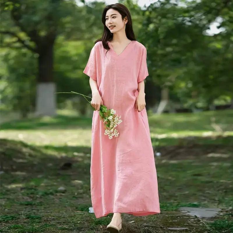 Prom dresses - Loose Fit A-Line Summer Pink Robe-Women's dress-Thebesttailor-One size-Pink-Linen-Thebesttailor