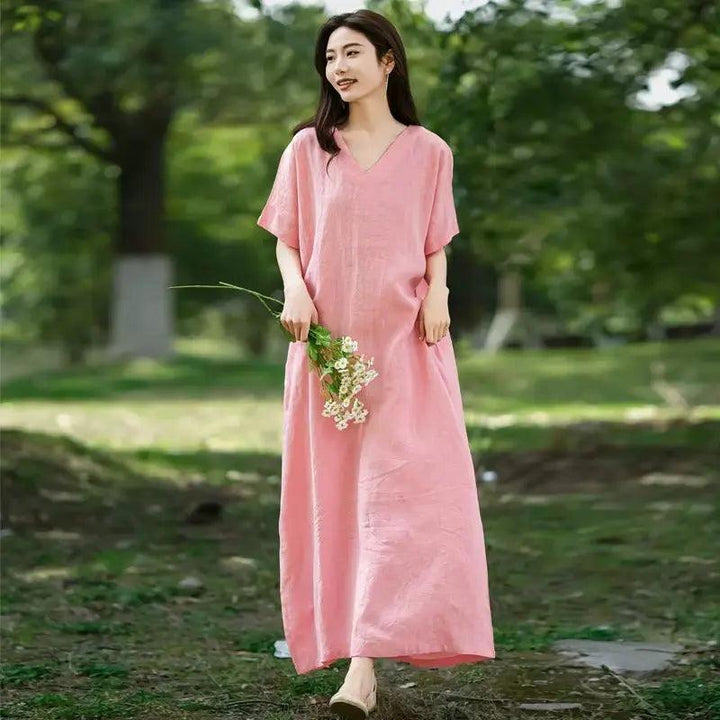 Prom dresses - Loose Fit A-Line Summer Pink Robe-Women's dress-Thebesttailor-One size-Pink-Linen-Thebesttailor