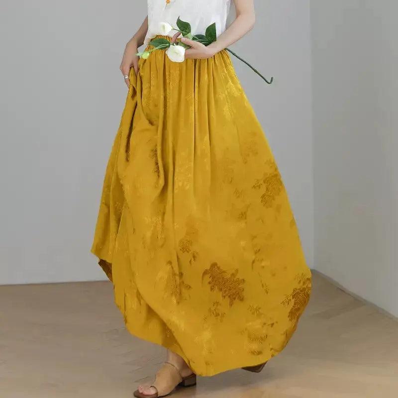 Maxi Skirt for Women's Summer Prom Yellow Jacquard Skirt-Women's Skirts-Thebesttailor-One Size-Yellow-Tencel-Thebesttailor