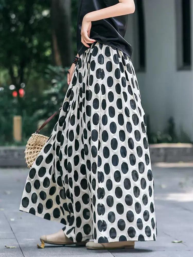 Black Polka Dot A-Line Cotton Skirt with Elastic Waist by Thebesttailor