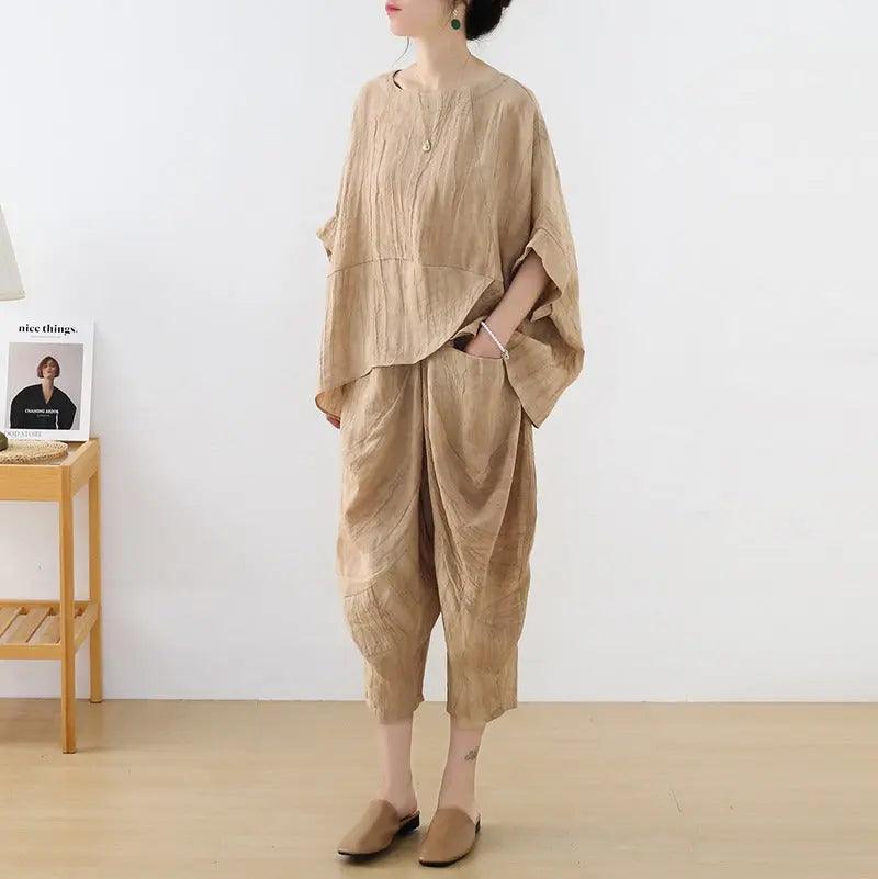 Women's Summer Clothing Linen Bat Sleeve Top and Carrot Pants Set-Women's Shirt-Thebesttailor-Thebesttailor
