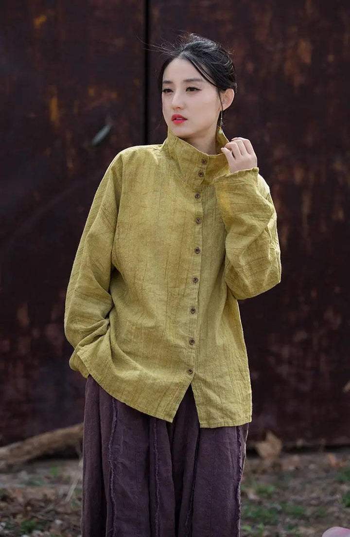 Linen Blouse for Women Elegant Linen Turtleneck Cardigan Blouse-Women's Shirt-Thebesttailor-Thebesttailor