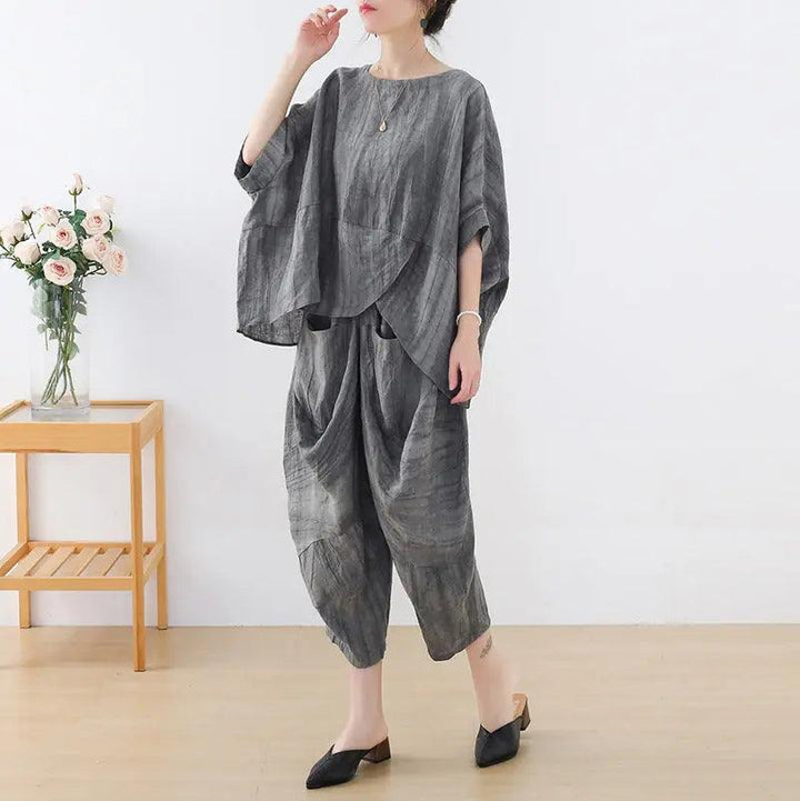 Women's Summer Clothing Linen Bat Sleeve Top and Carrot Pants Set-Women's Shirt-Thebesttailor-Thebesttailor