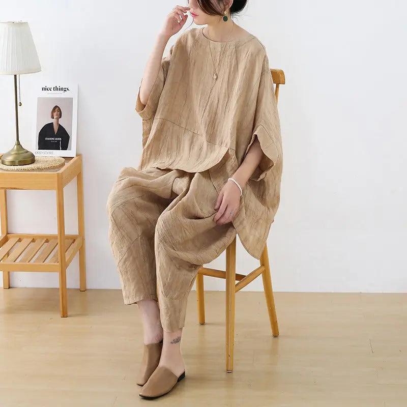 Women's Summer Clothing Linen Bat Sleeve Top and Carrot Pants Set-Women's Shirt-Thebesttailor-Thebesttailor