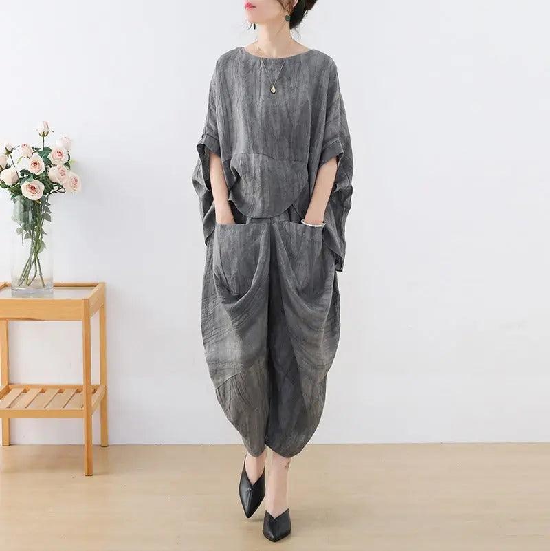 Women's Summer Clothing Linen Bat Sleeve Top and Carrot Pants Set-Women's Shirt-Thebesttailor-One size-Apricot-Linen-Thebesttailor