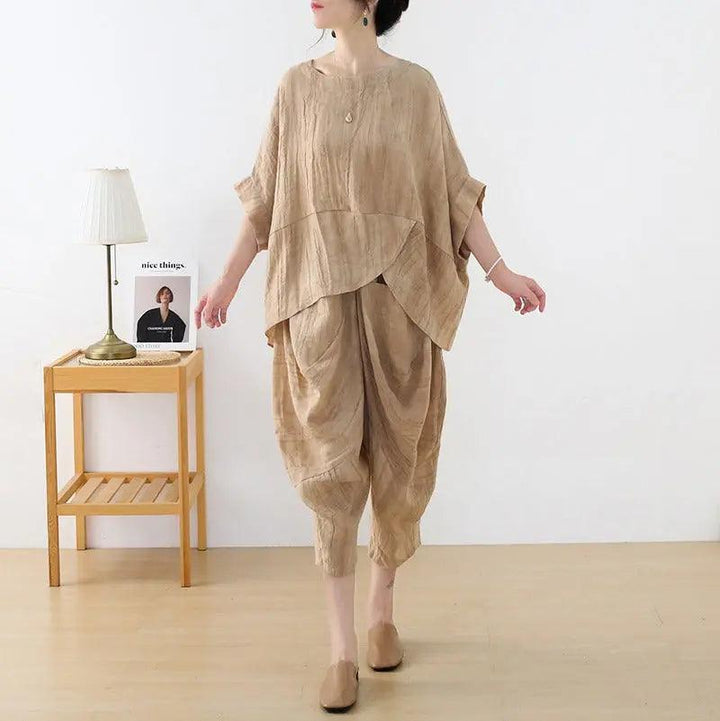 Women's Summer Clothing Linen Bat Sleeve Top and Carrot Pants Set-Women's Shirt-Thebesttailor-Thebesttailor