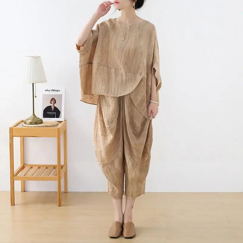 Women's Summer Clothing Linen Bat Sleeve Top and Carrot Pants Set-Women's Shirt-Thebesttailor-One size-Gray-Linen-Thebesttailor