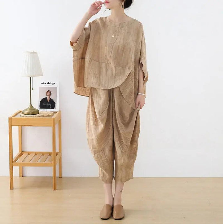 Women's Summer Clothing Linen Bat Sleeve Top and Carrot Pants Set-Women's Shirt-Thebesttailor-One size-Gray-Linen-Thebesttailor