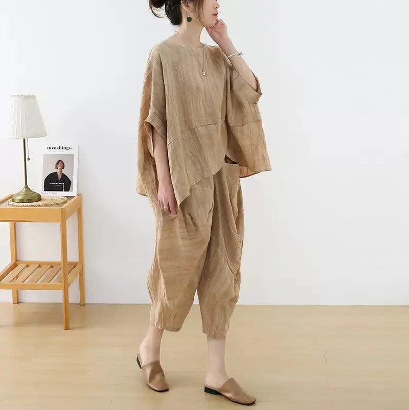 Women's Summer Clothing Linen Bat Sleeve Top and Carrot Pants Set-Women's Shirt-Thebesttailor-Thebesttailor