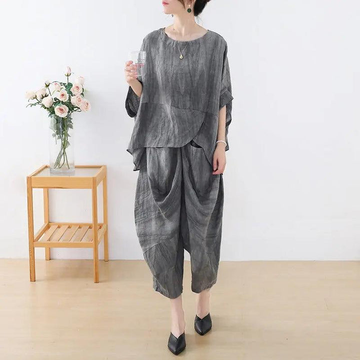 Women's Summer Clothing Linen Bat Sleeve Top and Carrot Pants Set-Women's Shirt-Thebesttailor-Thebesttailor