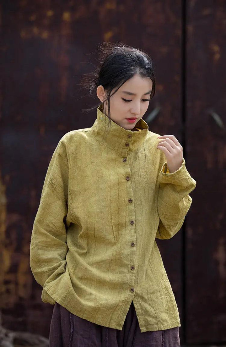 Linen Blouse for Women Elegant Linen Turtleneck Cardigan Blouse-Women's Shirt-Thebesttailor-One Size-Yellow-Linen-Thebesttailor