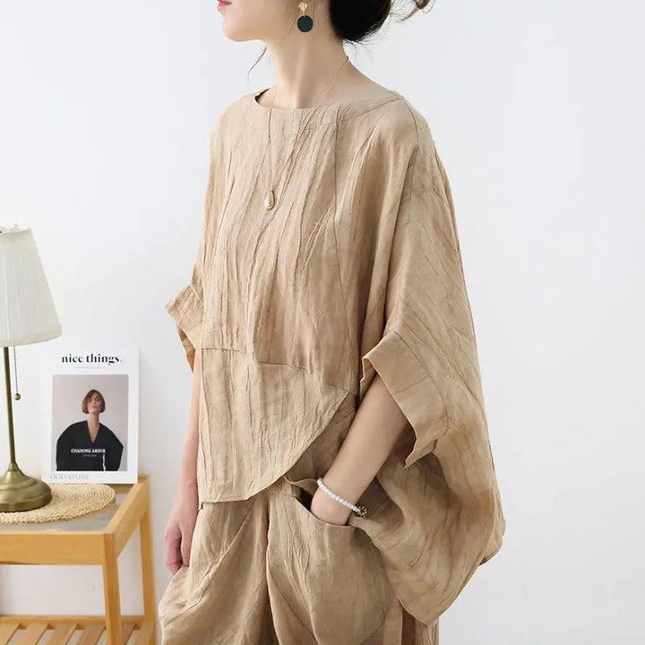 Women's Summer Clothing Linen Bat Sleeve Top and Carrot Pants Set-Women's Shirt-Thebesttailor-Thebesttailor