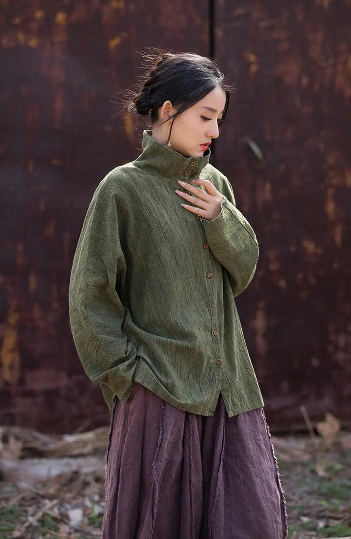 Linen Blouse for Women Elegant Linen Turtleneck Cardigan Blouse-Women's Shirt-Thebesttailor-Thebesttailor