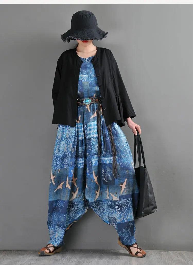 Summer Blue Linen Harem Pants with Animal Print for Women by Thebesttailor