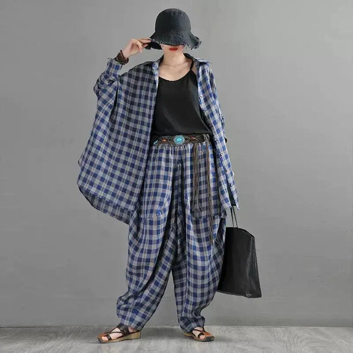 Retro Black and Blue Plaid Linen Cardigan Blouse for Women-Women's Shirt-Thebesttailor-Thebesttailor