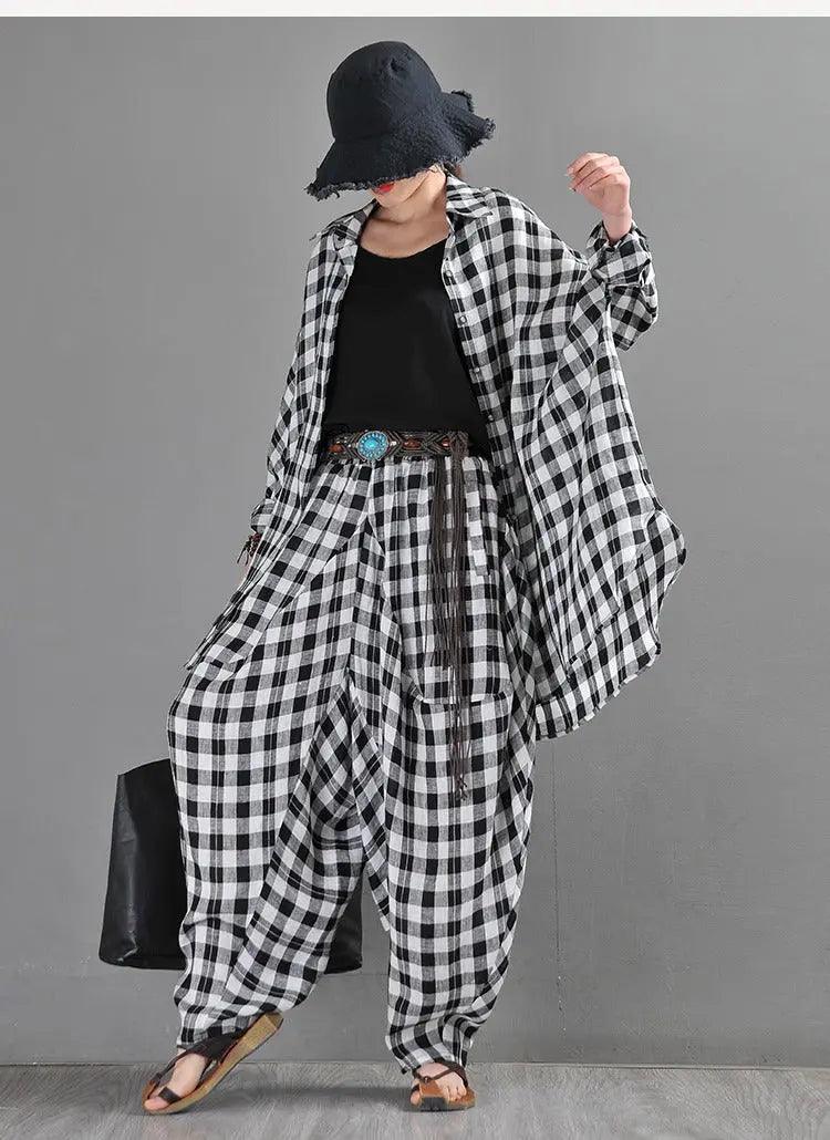 Retro Black and Blue Plaid Linen Cardigan Blouse for Women-Women's Shirt-Thebesttailor-Thebesttailor