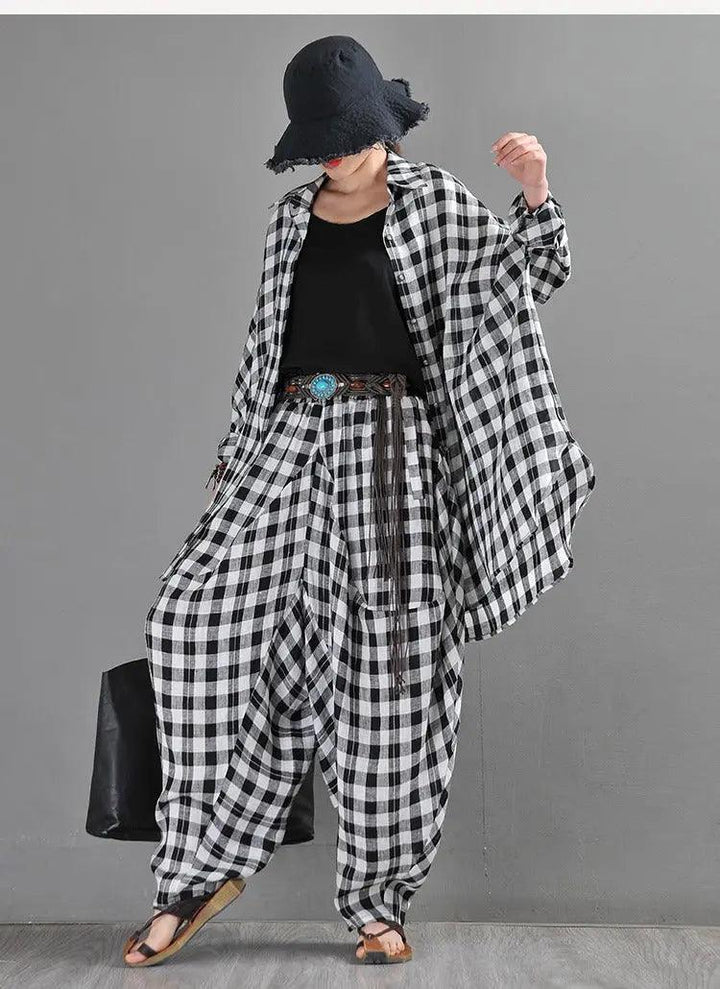 Retro Black and Blue Plaid Linen Cardigan Blouse for Women-Women's Shirt-Thebesttailor-Thebesttailor