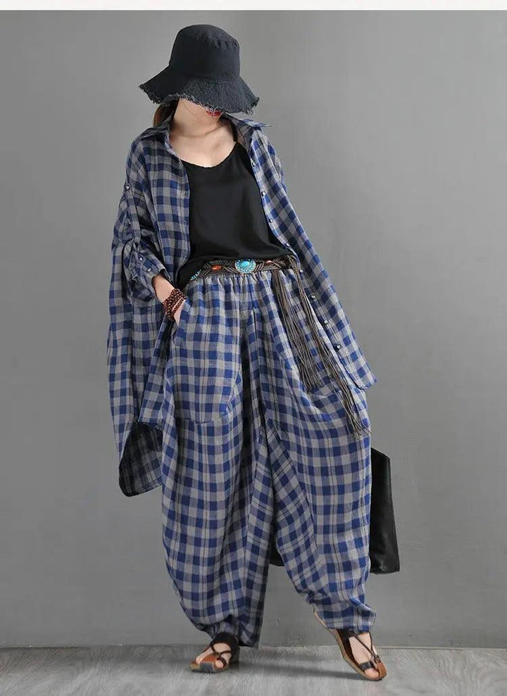 Retro Black and Blue Plaid Linen Cardigan Blouse for Women-Women's Shirt-Thebesttailor-Thebesttailor