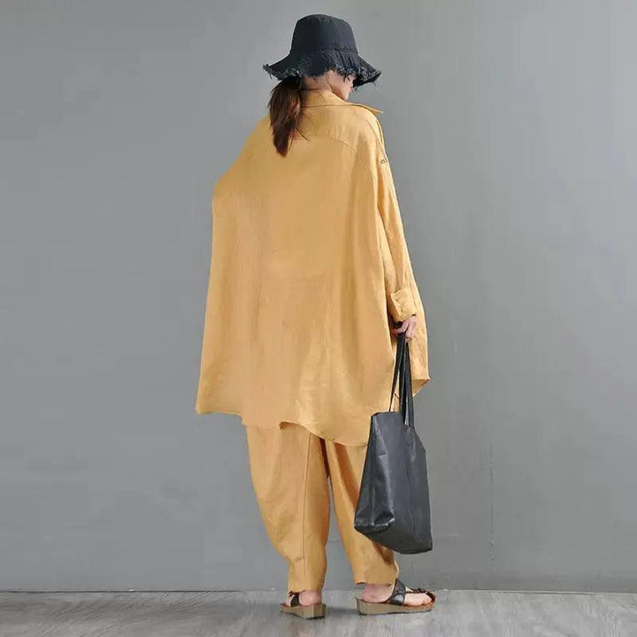 Summer Linen Blouse Lapel Cardigan Blouse - Yellow/Pink - One Size-Women's Shirt-Thebesttailor-Thebesttailor