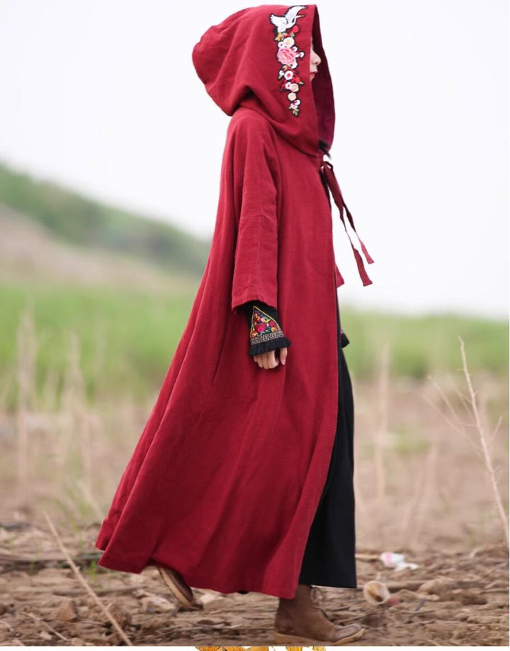 Winter Cotton And Linen Embroidered Chinese hooded cape coat