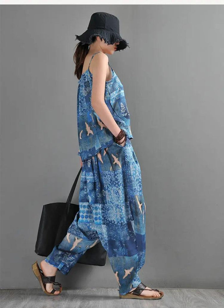 Summer Blue Linen Harem Pants with Animal Print for Women-Women's pants-Thebesttailor-Thebesttailor