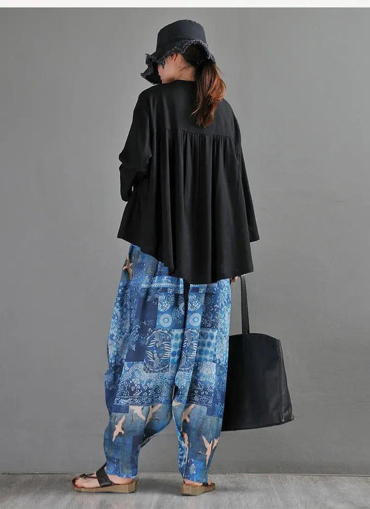 Summer Blue Linen Harem Pants with Animal Print for Women-Women's pants-Thebesttailor-Thebesttailor
