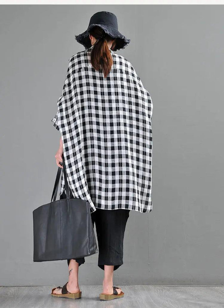Retro Black and Blue Plaid Linen Cardigan Blouse for Women-Women's Shirt-Thebesttailor-Thebesttailor