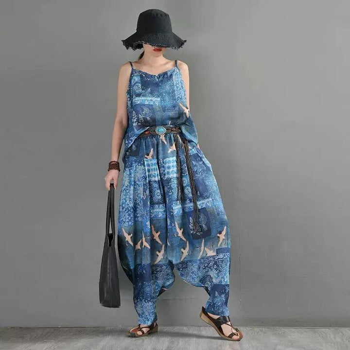 Summer Blue Linen Harem Pants with Animal Print for Women-Women's pants-Thebesttailor-Thebesttailor
