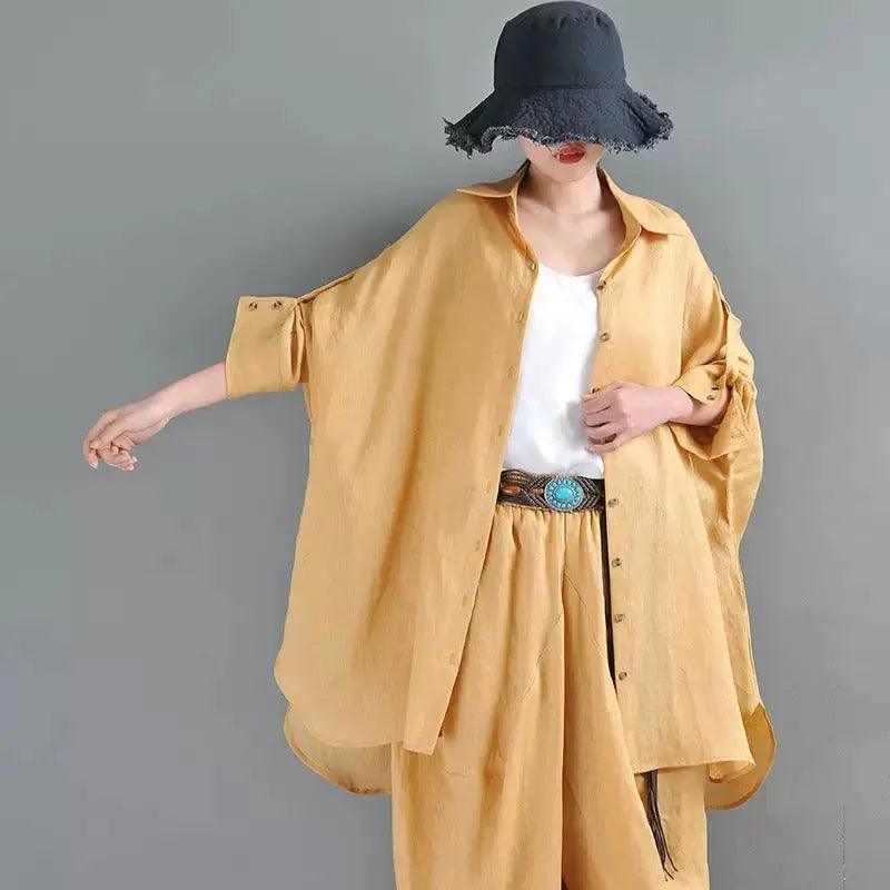 Summer Linen Blouse Lapel Cardigan Blouse - Yellow/Pink - One Size-Women's Shirt-Thebesttailor-One Size-Yellow-Linen-Thebesttailor
