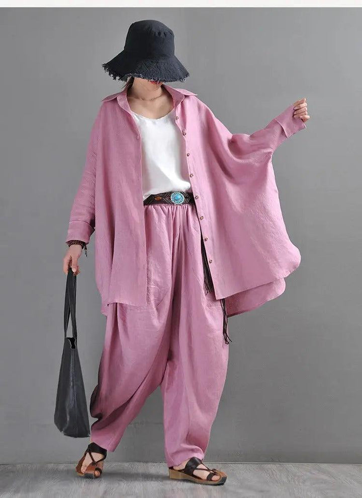 Summer Linen Blouse Lapel Cardigan Blouse - Yellow/Pink - One Size-Women's Shirt-Thebesttailor-One Size-Pink-Linen-Thebesttailor