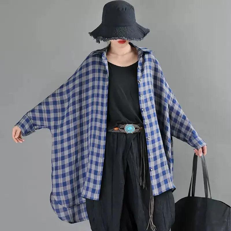 Retro Black and Blue Plaid Linen Cardigan Blouse for Women-Women's Shirt-Thebesttailor-One Size-Blue Plaid-Linen-Thebesttailor