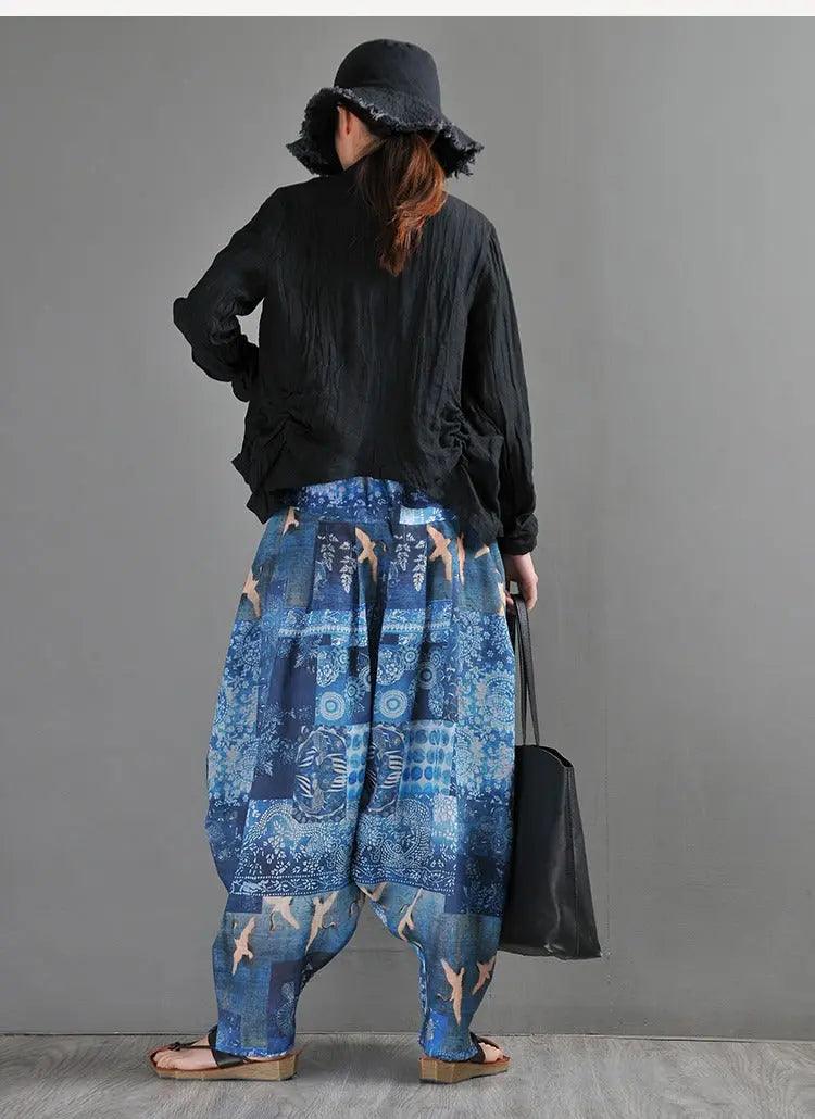Summer Blue Linen Harem Pants with Animal Print for Women-Women's pants-Thebesttailor-Thebesttailor