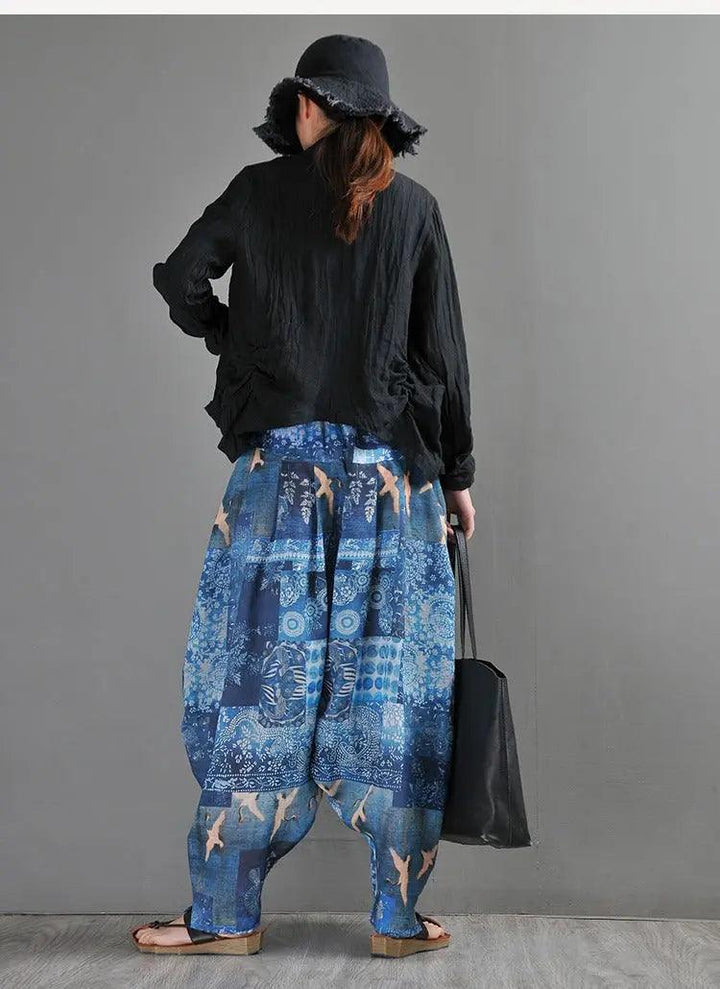 Summer Blue Linen Harem Pants with Animal Print for Women-Women's pants-Thebesttailor-Thebesttailor