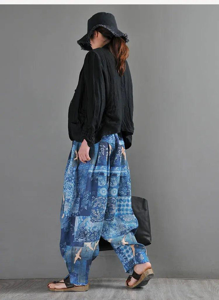 Summer Blue Linen Harem Pants with Animal Print for Women-Women's pants-Thebesttailor-Thebesttailor
