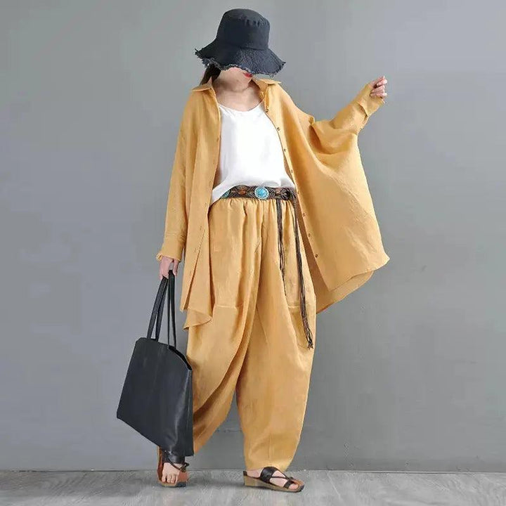 Summer Linen Blouse Lapel Cardigan Blouse - Yellow/Pink - One Size-Women's Shirt-Thebesttailor-Thebesttailor