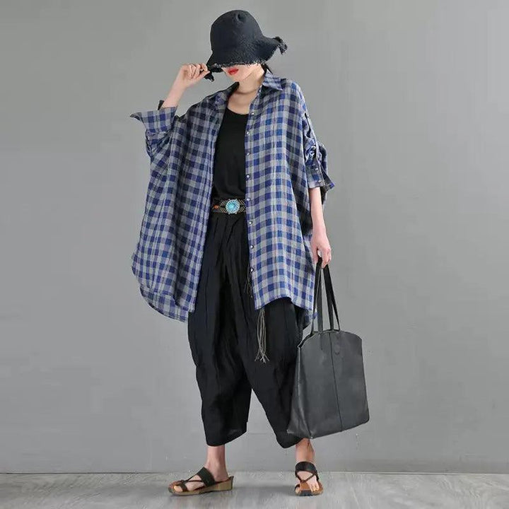 Retro Black and Blue Plaid Linen Cardigan Blouse for Women-Women's Shirt-Thebesttailor-Thebesttailor