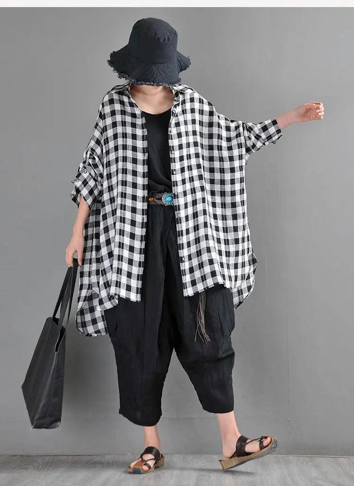 Retro Black and Blue Plaid Linen Cardigan Blouse for Women-Women's Shirt-Thebesttailor-One Size-Black Plaid-Linen-Thebesttailor