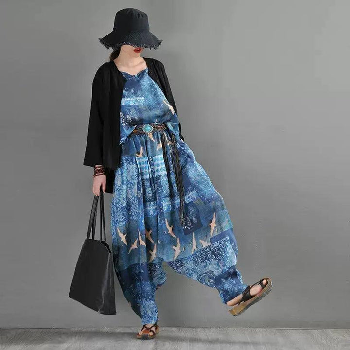 Summer Blue Linen Harem Pants with Animal Print for Women-Women's pants-Thebesttailor-Thebesttailor
