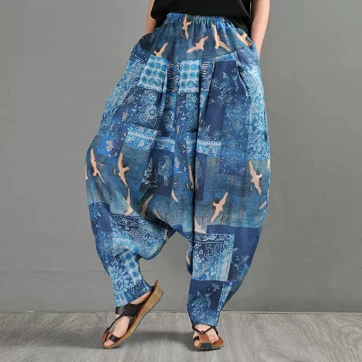 Summer Blue Linen Harem Pants with Animal Print for Women-Women's pants-Thebesttailor-One size-Blue-Linen-Thebesttailor