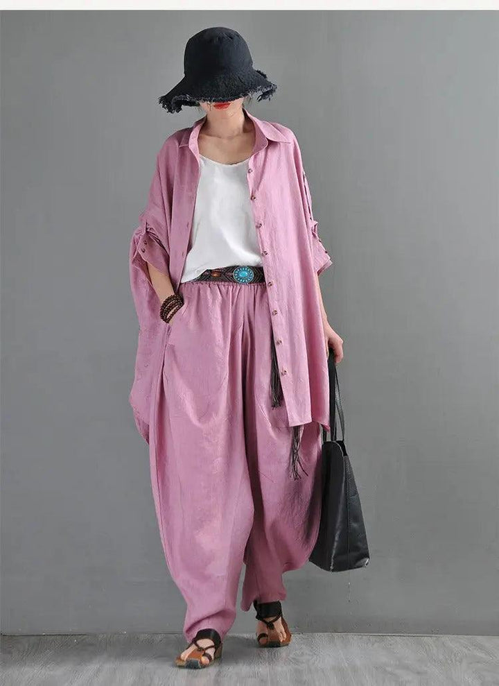 Summer Linen Blouse Lapel Cardigan Blouse - Yellow/Pink - One Size-Women's Shirt-Thebesttailor-Thebesttailor