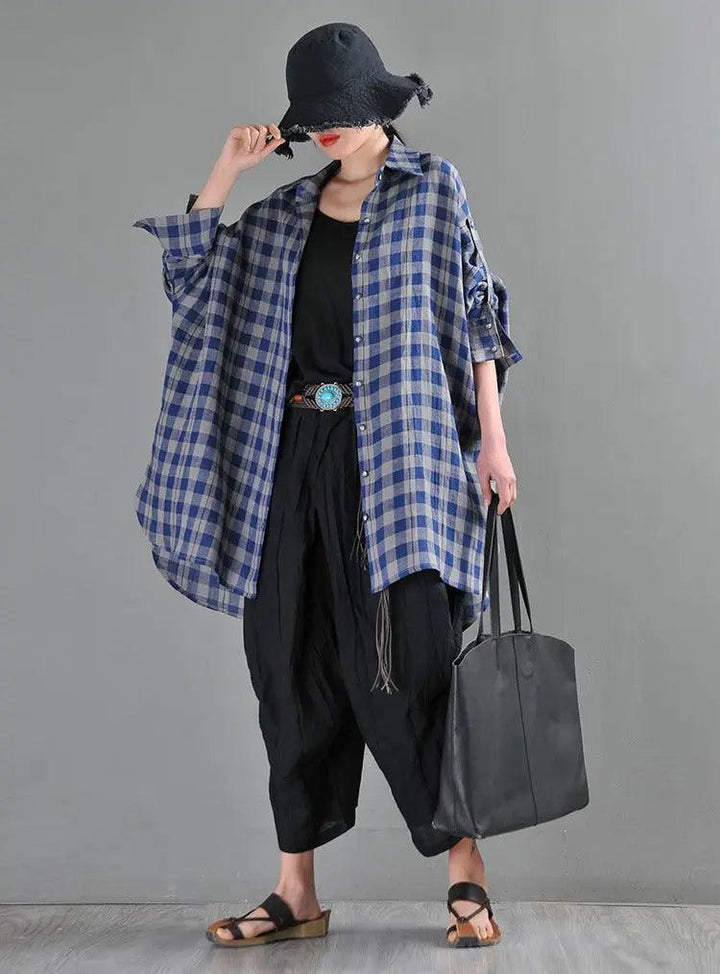 Retro Black and Blue Plaid Linen Cardigan Blouse for Women-Women's Shirt-Thebesttailor-Thebesttailor