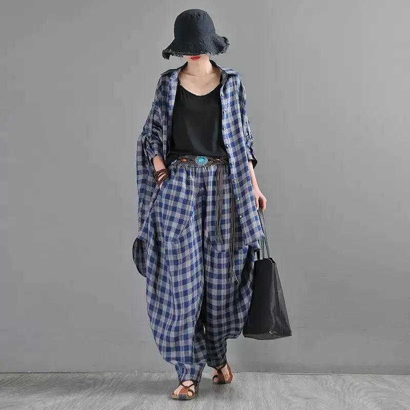 Retro Black and Blue Plaid Linen Cardigan Blouse for Women-Women's Shirt-Thebesttailor-Thebesttailor