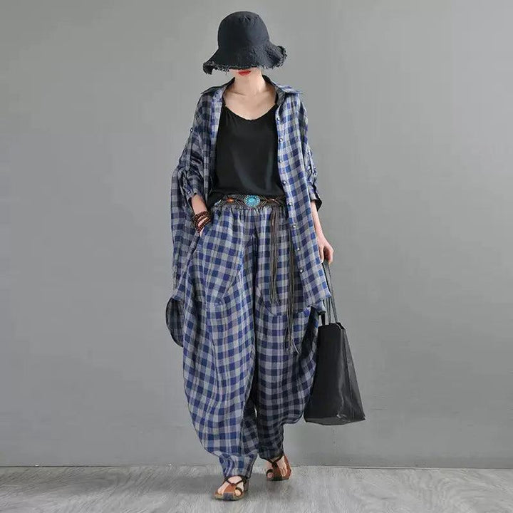 Retro Black and Blue Plaid Linen Cardigan Blouse for Women-Women's Shirt-Thebesttailor-Thebesttailor