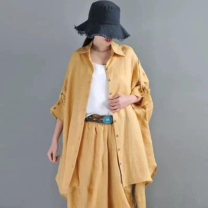 Summer Linen Blouse Lapel Cardigan Blouse - Yellow/Pink - One Size-Women's Shirt-Thebesttailor-Thebesttailor