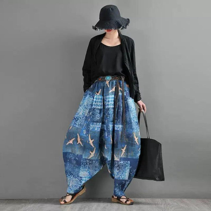 Summer Blue Linen Harem Pants with Animal Print for Women-Women's pants-Thebesttailor-Thebesttailor