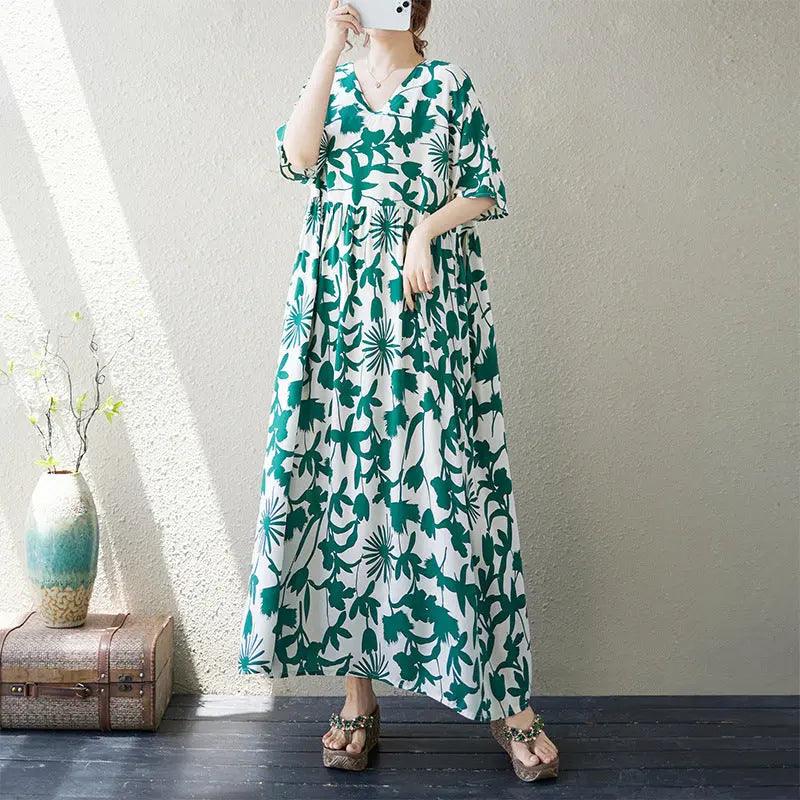Retro Maxi Dress for Women Vibe Cotton Maxi Dress in Artistic Print-Women's dress-Thebesttailor-One Size-Green-Cotton-Thebesttailor
