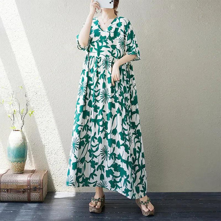 Retro Maxi Dress for Women Vibe Cotton Maxi Dress in Artistic Print-Women's dress-Thebesttailor-One Size-Green-Cotton-Thebesttailor